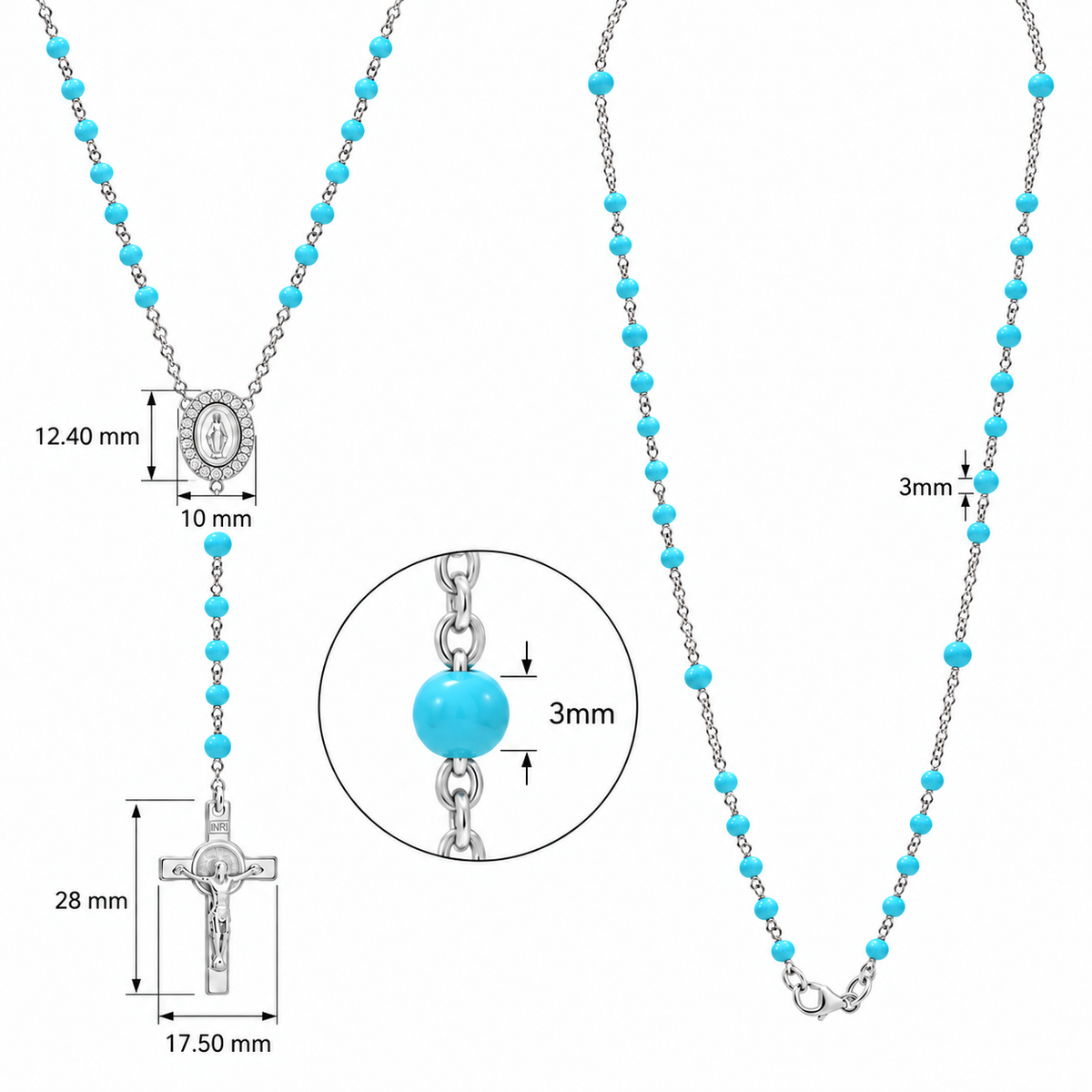 Sterling Silver Turquoise Rosary Bead Necklace