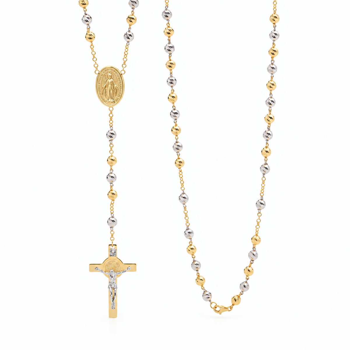 18KT White/Yellow Gold Diamond Cut Rosary Bead Necklace