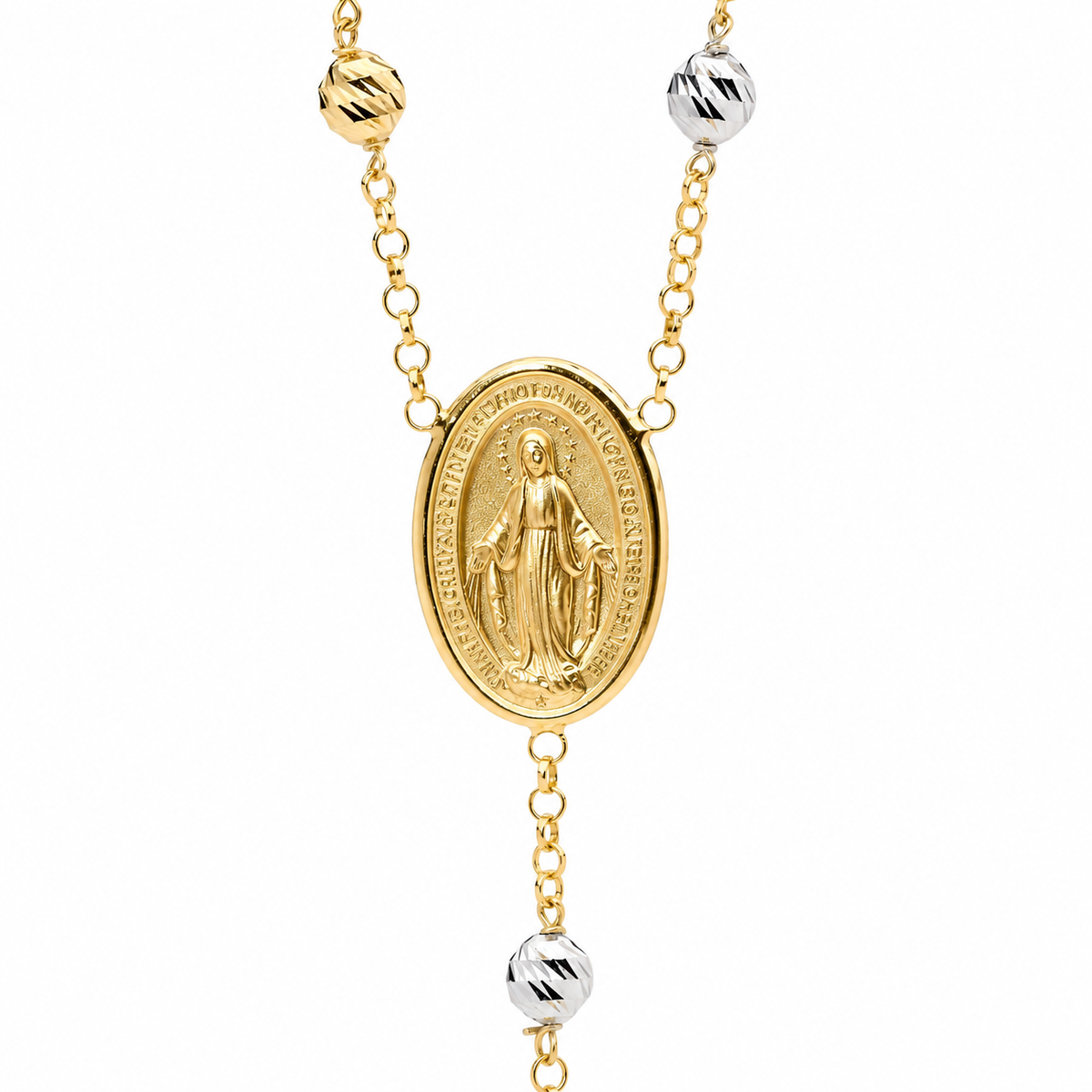 18KT White/Yellow Gold Diamond Cut Rosary Bead Necklace