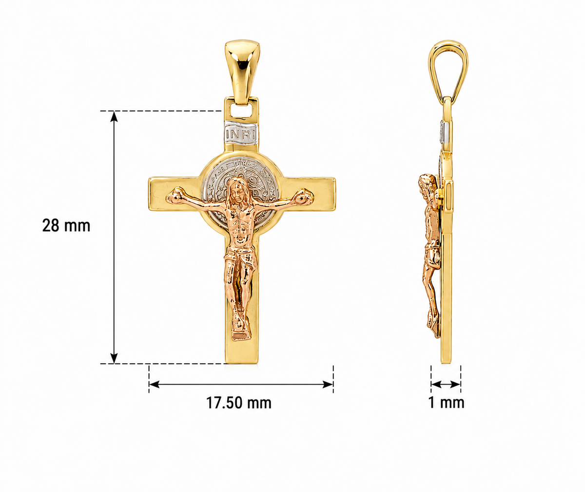 18KT Three-Tone Gold Saint Benedict Crucifix Pendant