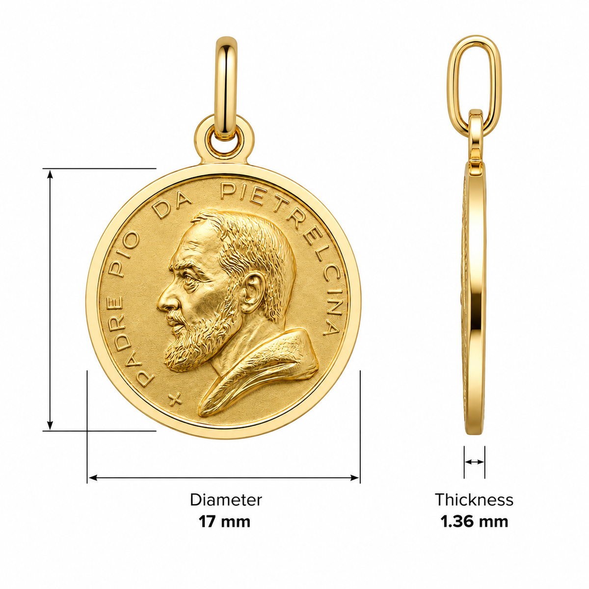 17mm 9KT Yellow Gold Padre Pio  Medal Pendant