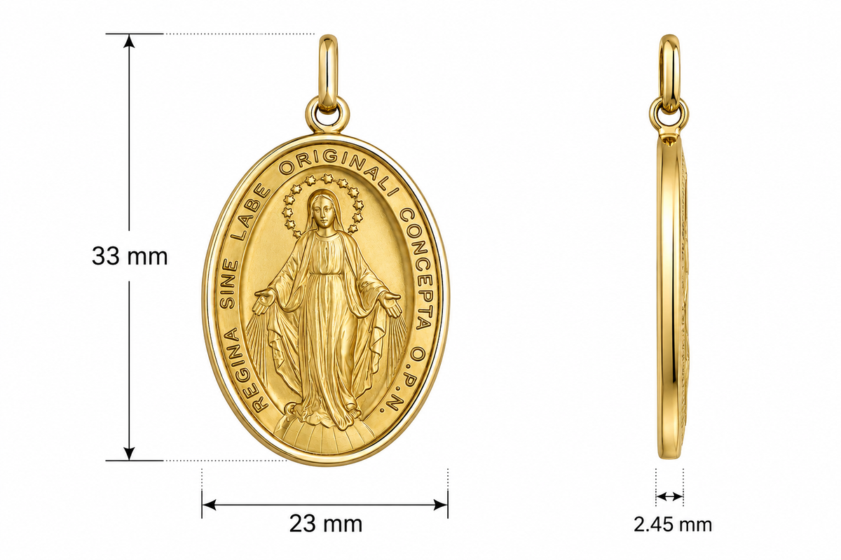 9KT Yellow Gold Our Lady of Miraculous Medal Pendant - Size 33x23mm