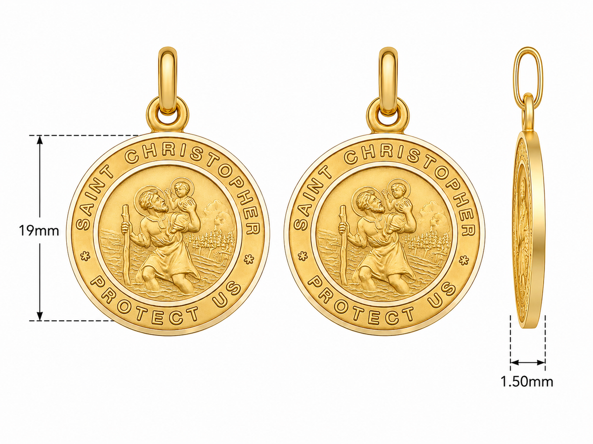 19mm 9KT Yellow Gold St Christopher with English Script Medal Pendant