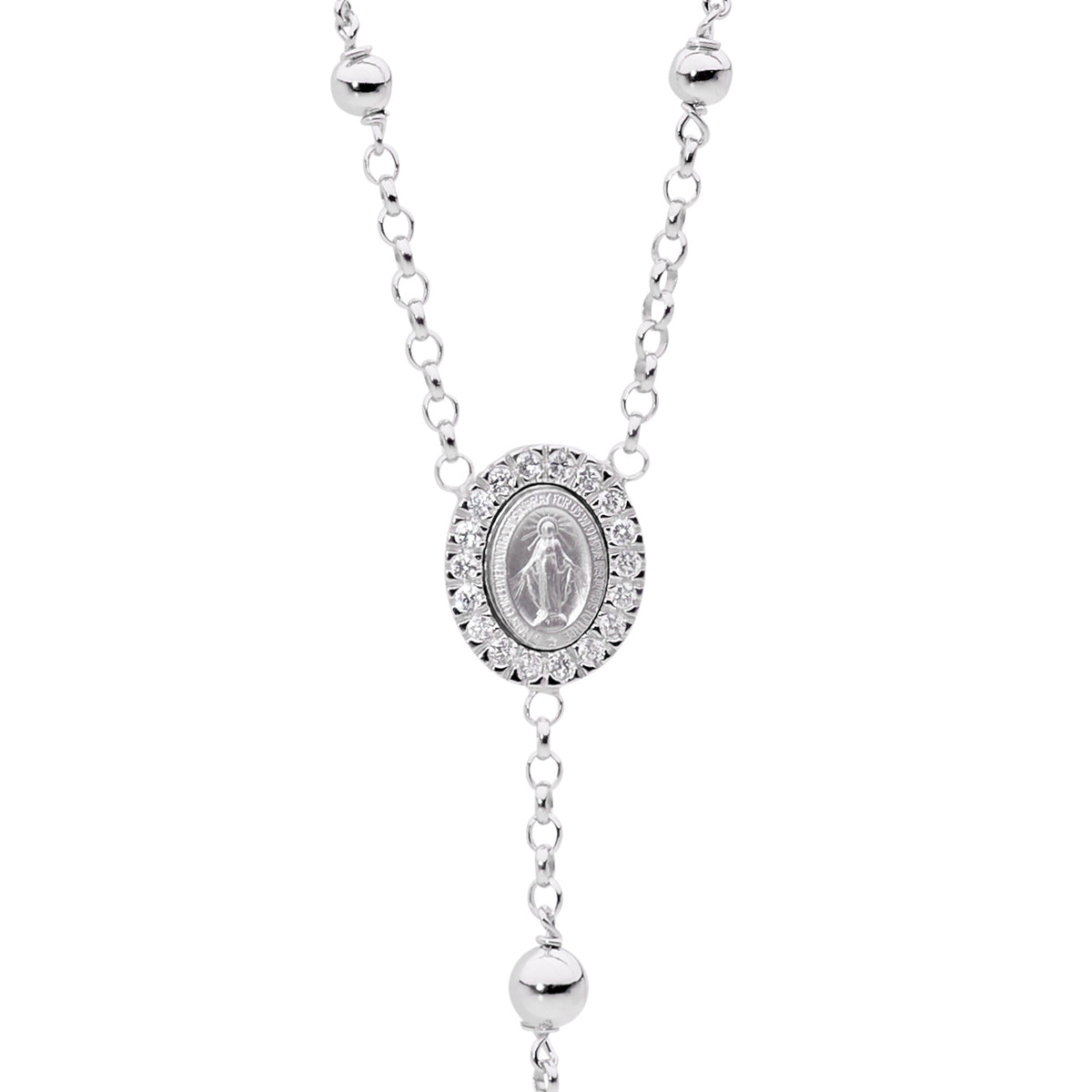 Sterling Silver CZ Rosary Bead Necklace