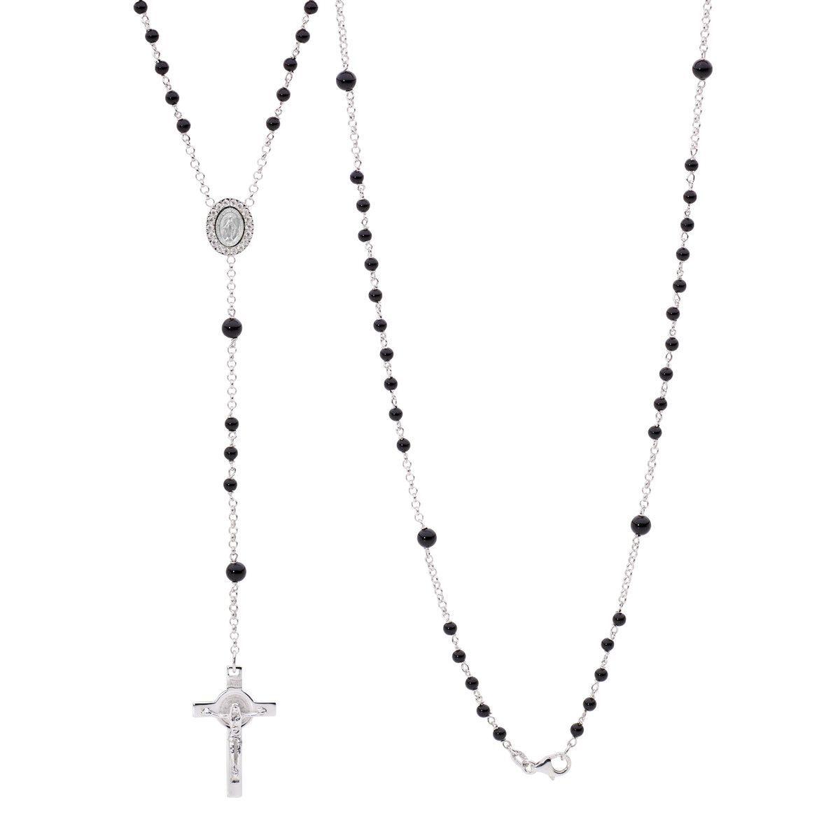 Sterling Silver Black Onyx Rosary Bead Necklace