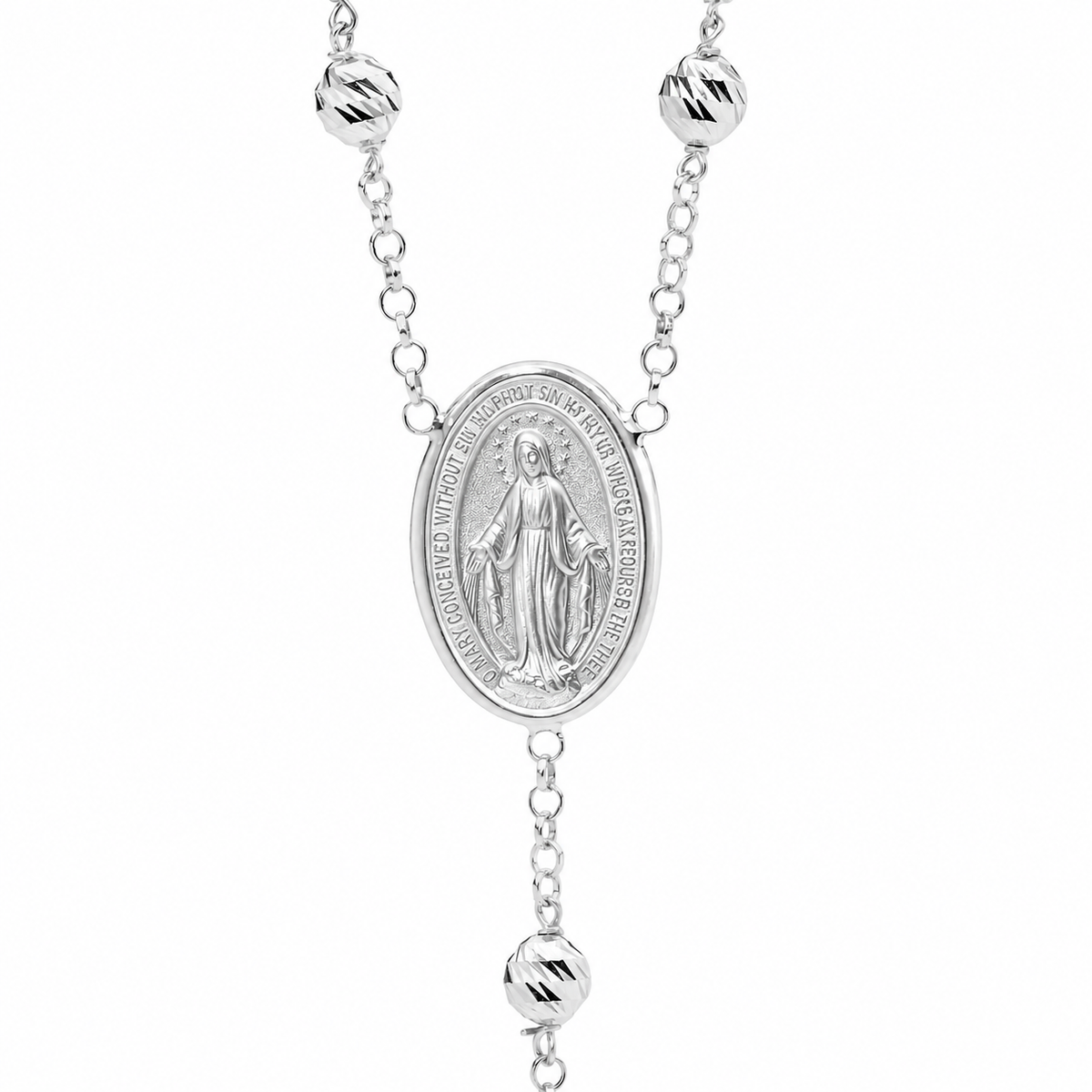 18KT White Gold Diamond Cut Rosary Bead Necklace with St Benedict Cross