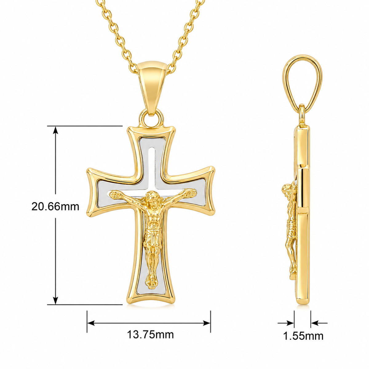 18KT Yellow and White Gold Point Edge Shape Cross Pendant