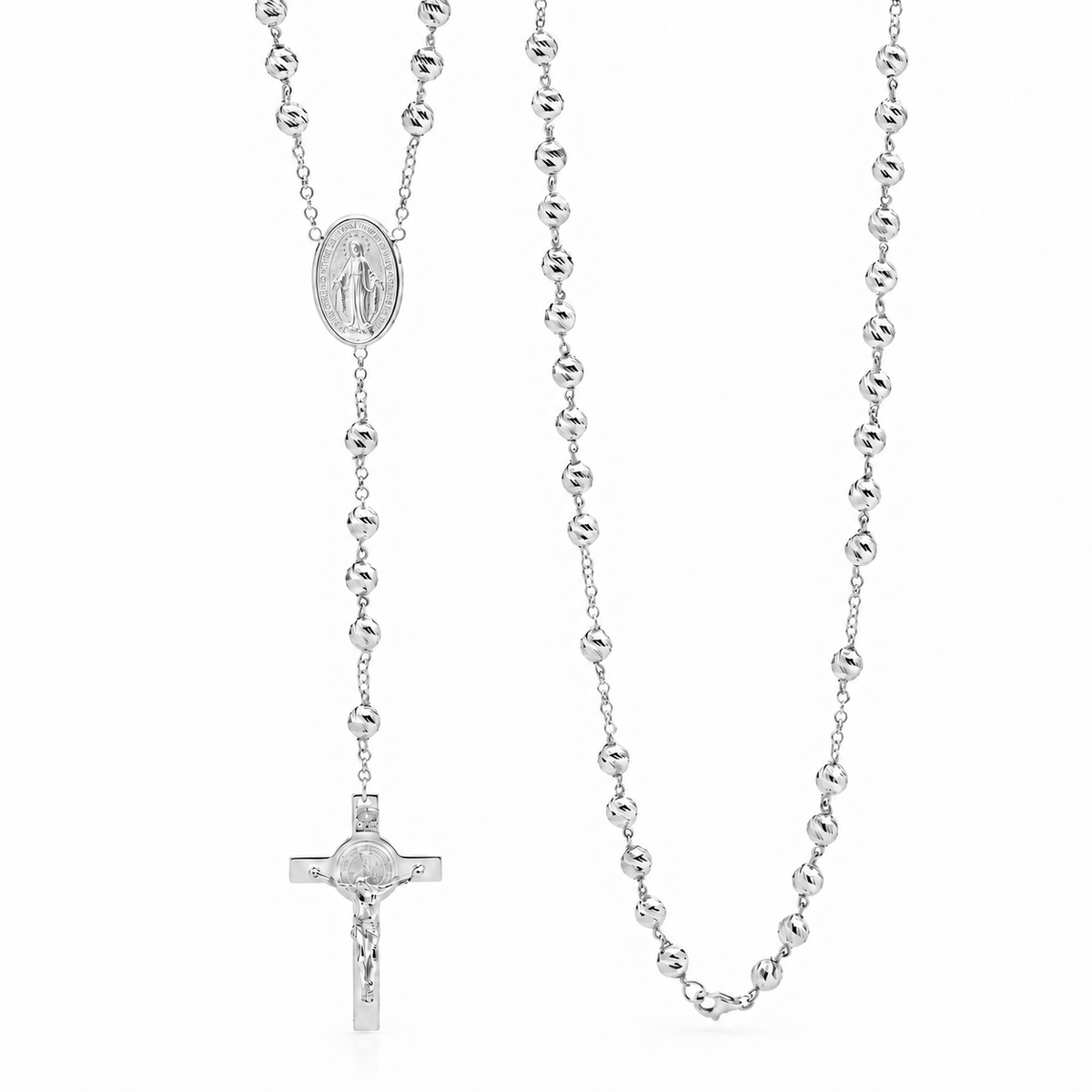 18KT White Gold Diamond Cut Rosary Bead Necklace with St Benedict Cross