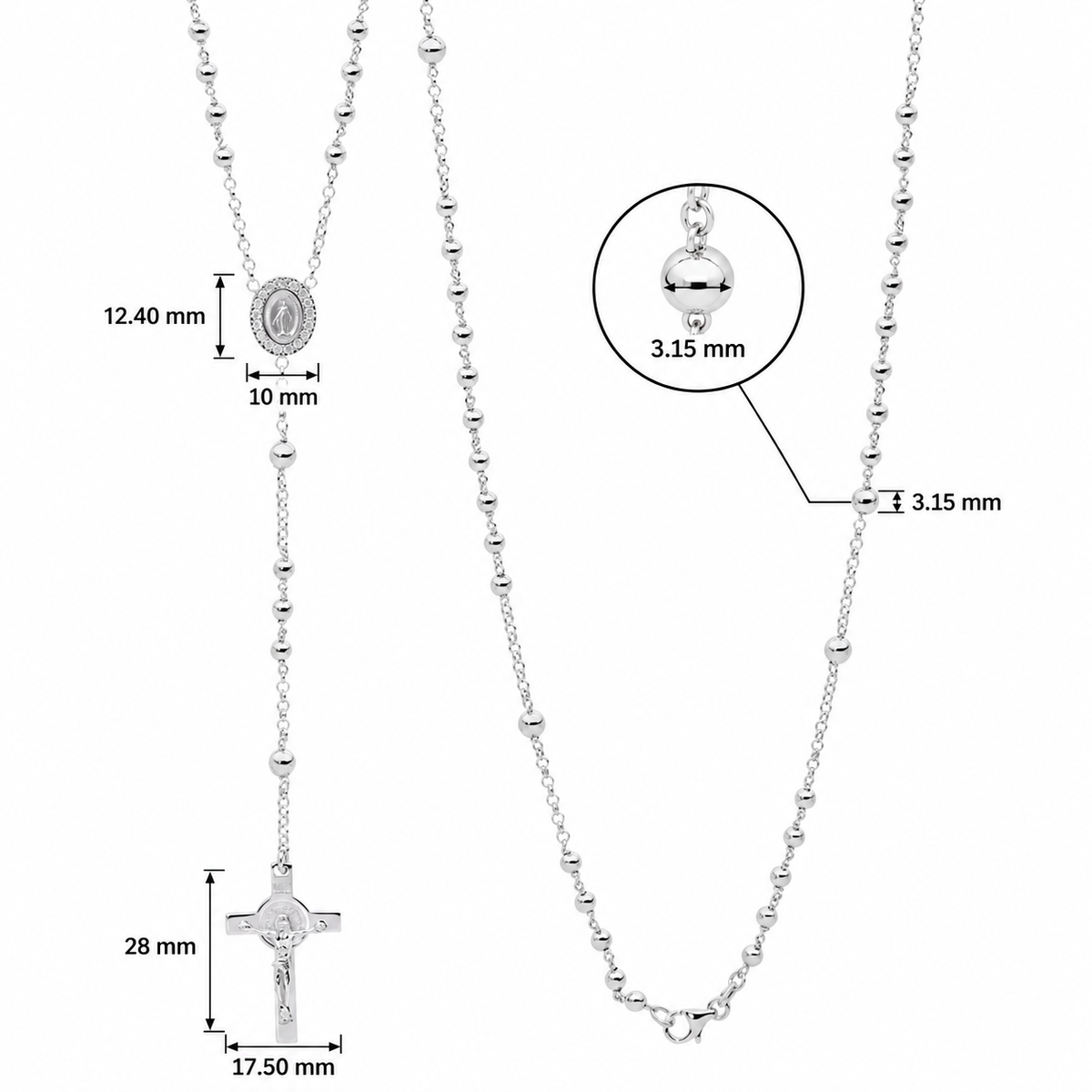 Sterling Silver CZ Rosary Bead Necklace