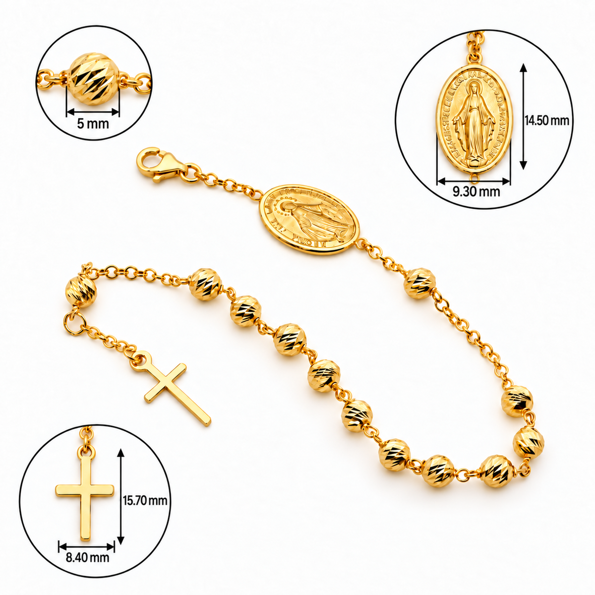 18KT Yellow Gold Diamond Cut Rosary Bracelet